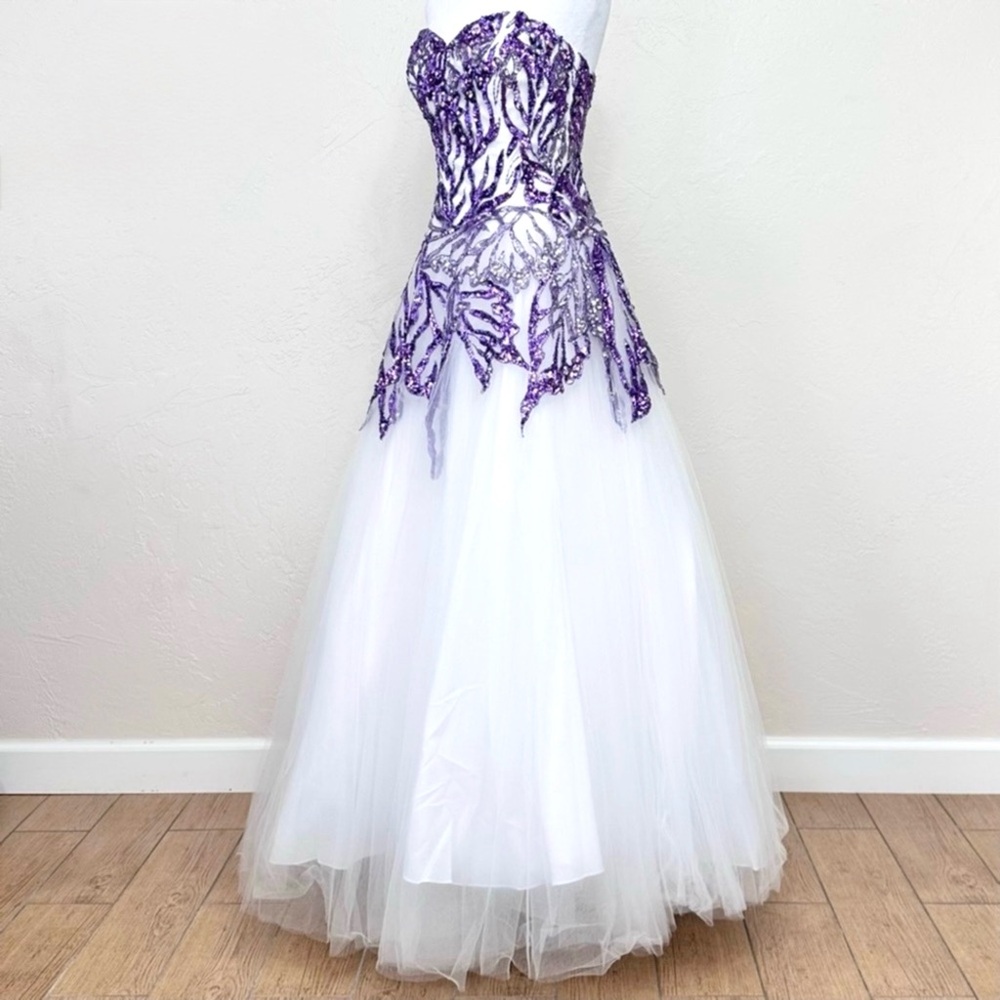 NWT Tiffany Designs 61113 Butterfly Beaded Sequin White Ivory Purple Dress 6 - Picture 4 of 15